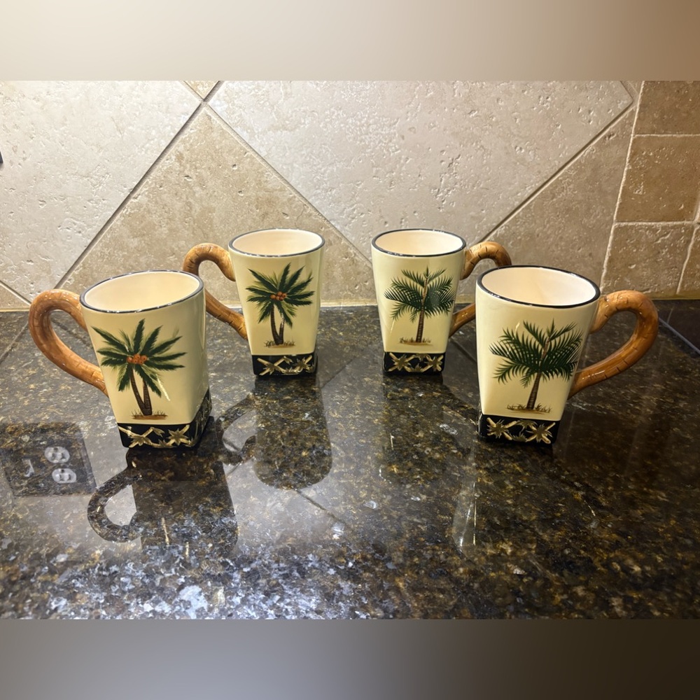 Palm Tree Ceramic Mugs Set - Cream and Brown